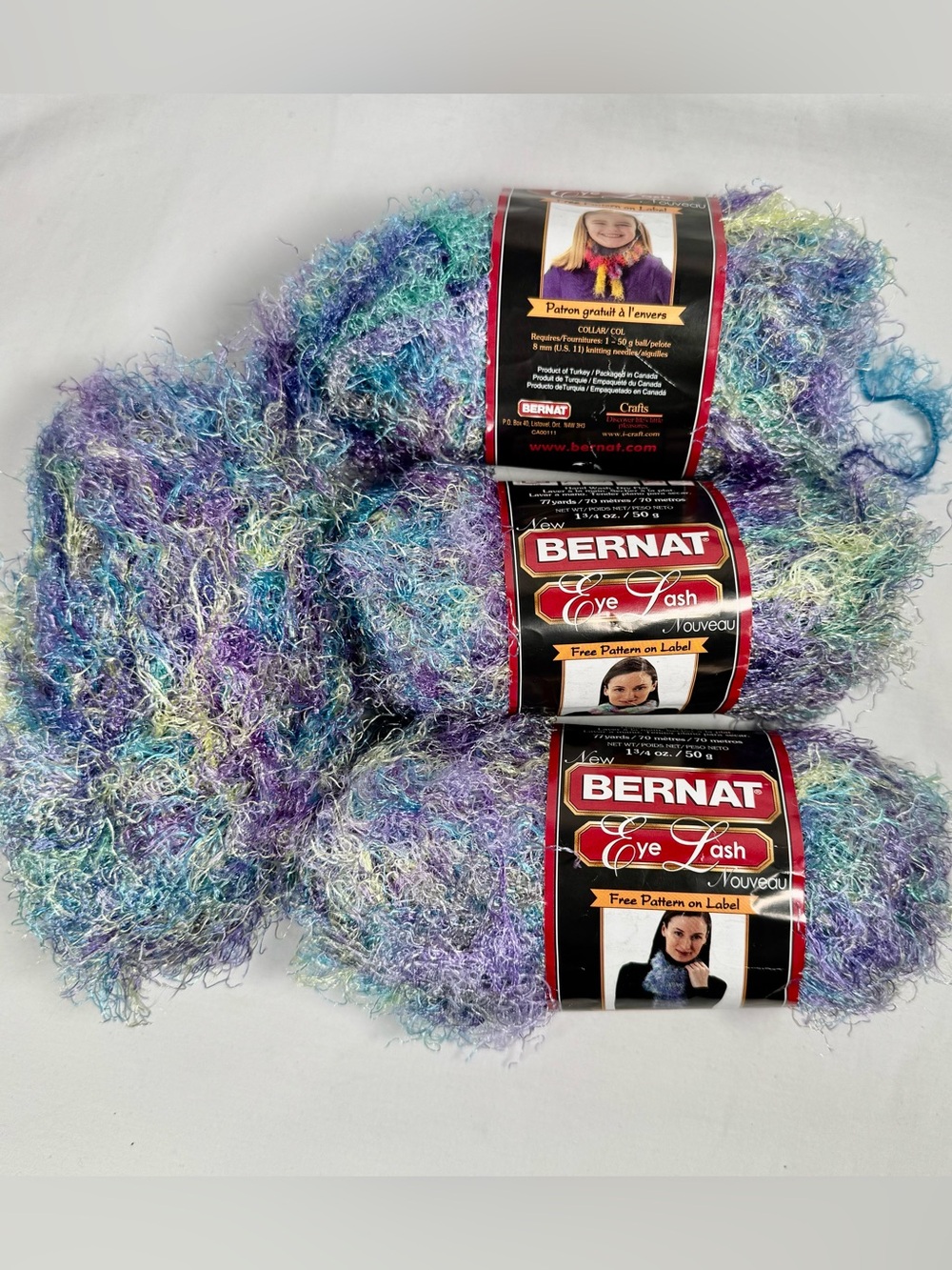 Bernat Eye Lash Yarn, Lot of 4 Skeins, Cool (Blue, Purple, Green) 100% Nylon